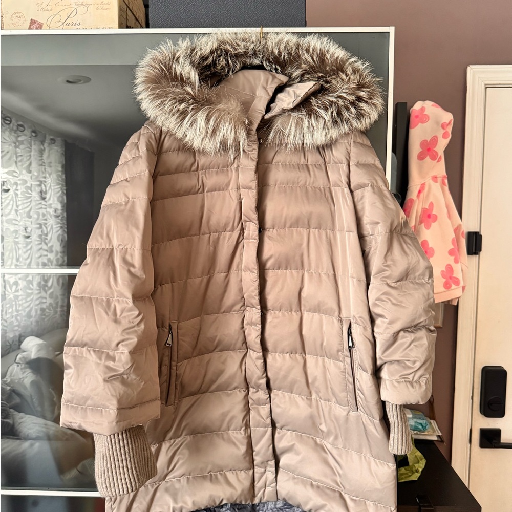 Women's Tan Puffer Coat with Real  Fur Hood
